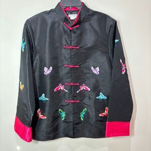 Grace Chuang 100% Silk Jacket Women L Asian Butterfly Embroidery Vintage